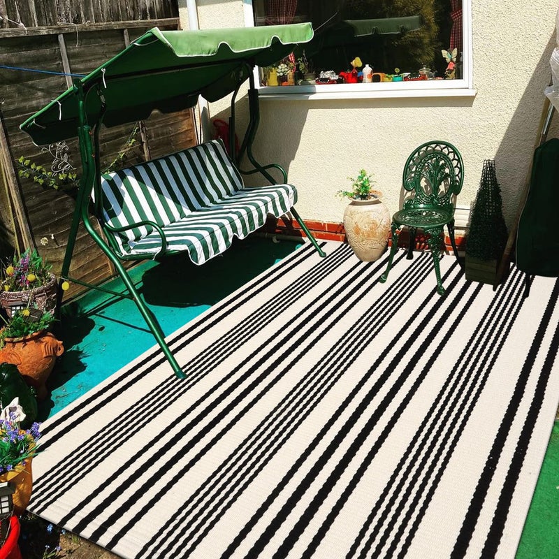 LEEVAN Black and White Indoor Outdoor Rug, 5’x8’ Cotton Striped Reversible Washable Modern Farmhouse Rug, Hand-Woven Large Patios Area Rug Carpet Mat for Clearance Bedroom Living Room Balcony Decor - Image 5